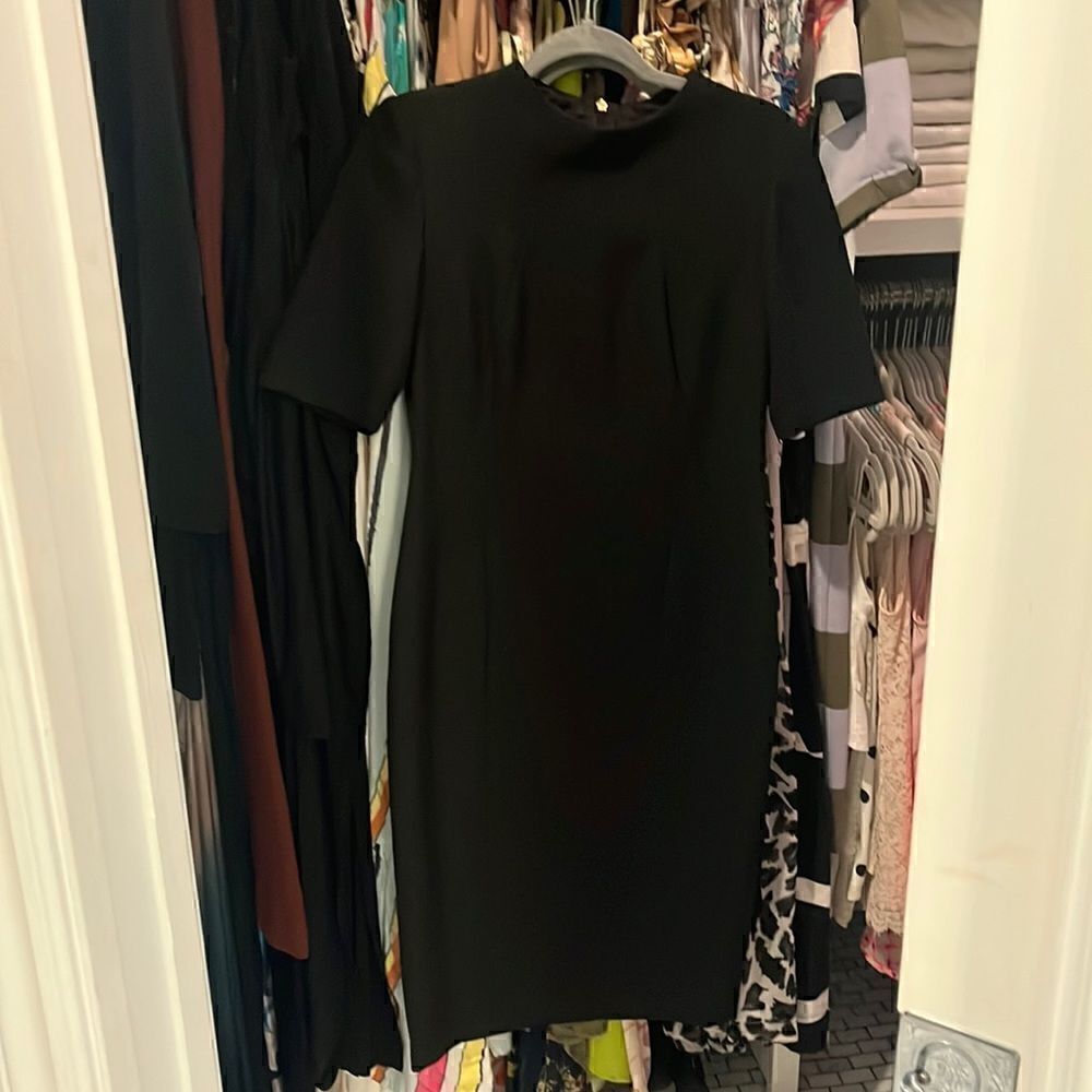 Trina Turk black sheath dress with seams and short sleeves size 2